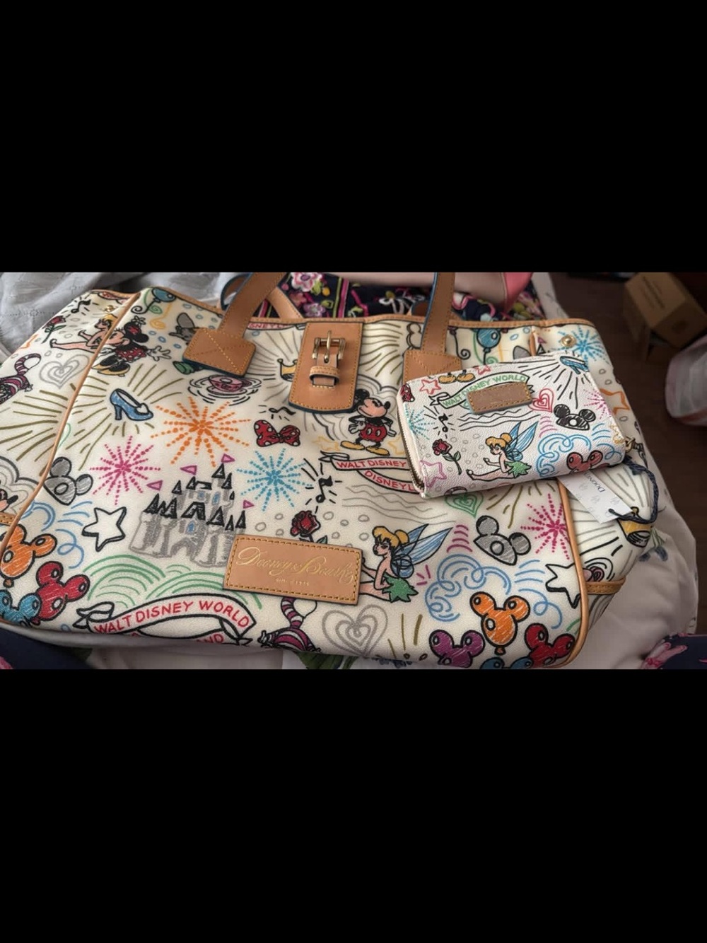 Dooney & Bourke Cream Disney Sketch Tote with Multicolor Icons